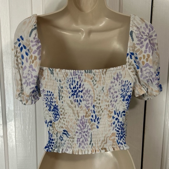 Wilfred Aritzia Floral Puff Sleeve Blouse - Cream, Purple, Blue Medium M - Picture 2 of 6
